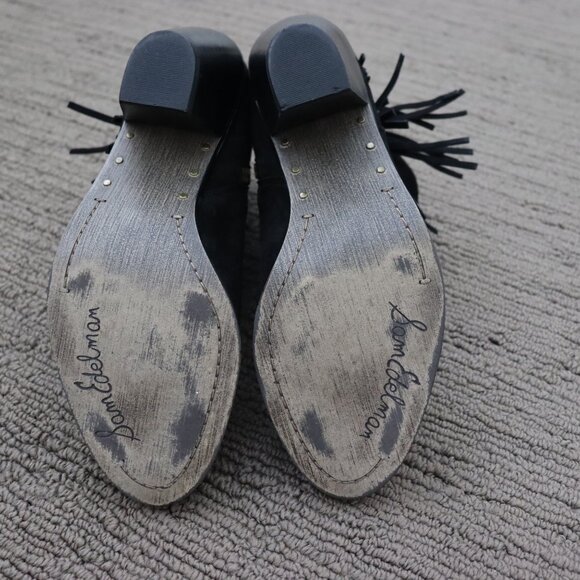 SAM EDELMAN Louie Black Suede Fringe Cowboy Bootie Size 7.5 - Picture 6 of 9